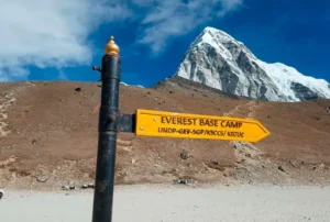 The Everest Base Camp signpost below Pumori on the Khumbu glacier