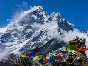 Ama Dablam rising above prayer flags on the Everest Base Camp trail, Nepal
