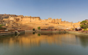 Amber Fort above Maota Lake at Jaipur, lit by the late afternoon sun