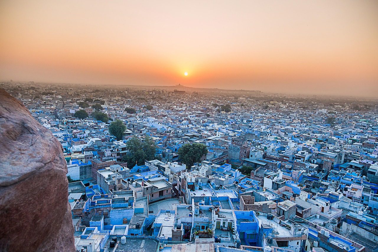 Blue-painted houses of the old city of Jodhpur below Mehrangarh Fort