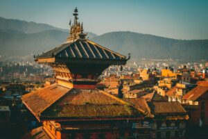 Traditional Nepalese pagoda temple at Bhaktapur Durbar Square overlooking Kathmandu Valley, Nepal