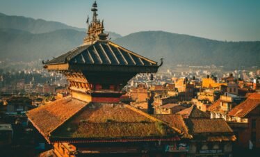 Traditional Nepalese pagoda temple at Bhaktapur Durbar Square overlooking Kathmandu Valley, Nepal