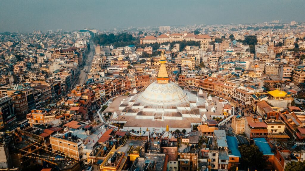 Aerial view of Boudhanath Stupa in Kathmandu, one of the largest Buddhist stupas and a UNESCO World Heritage Site in Nepal