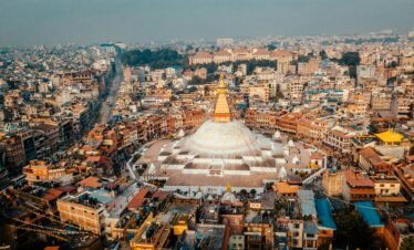 Aerial view of Boudhanath Stupa in Kathmandu, one of the largest Buddhist stupas and a UNESCO World Heritage Site in Nepal