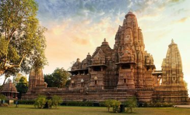 Khajuraho Temple at sunset, a UNESCO World Heritage Site featuring intricate sculptures in Madhya Pradesh, India