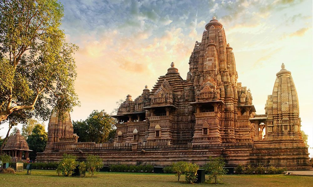 Khajuraho Temple at sunset, a UNESCO World Heritage Site featuring intricate sculptures in Madhya Pradesh, India