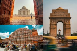Golden Triangle Tour collage featuring Taj Mahal in Agra, Hawa Mahal palace in Jaipur, and India Gate in Delhi