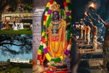 India Nepal Pilgrimage Tour 2026 collage featuring Buddhist monks at Bodh Gaya, Lumbini Maya Devi Temple, Ram Mandir Ayodhya, and Ganga Aarti ceremony in Varanasi