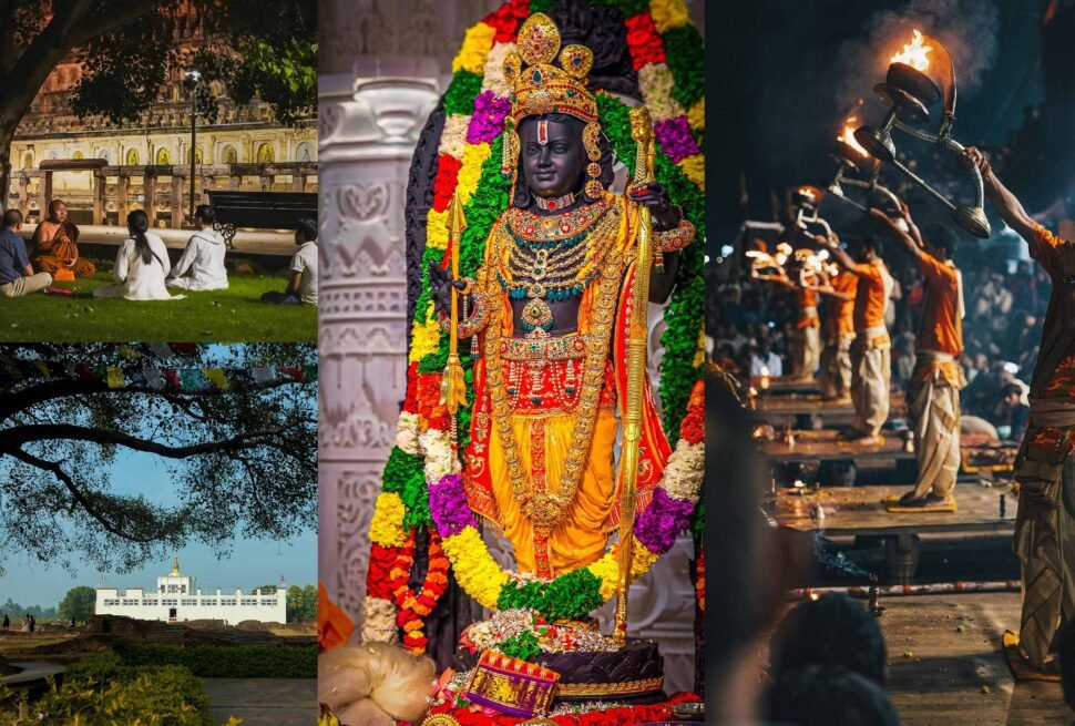 India Nepal Pilgrimage Tour 2026 collage featuring Buddhist monks at Bodh Gaya, Lumbini Maya Devi Temple, Ram Mandir Ayodhya, and Ganga Aarti ceremony in Varanasi