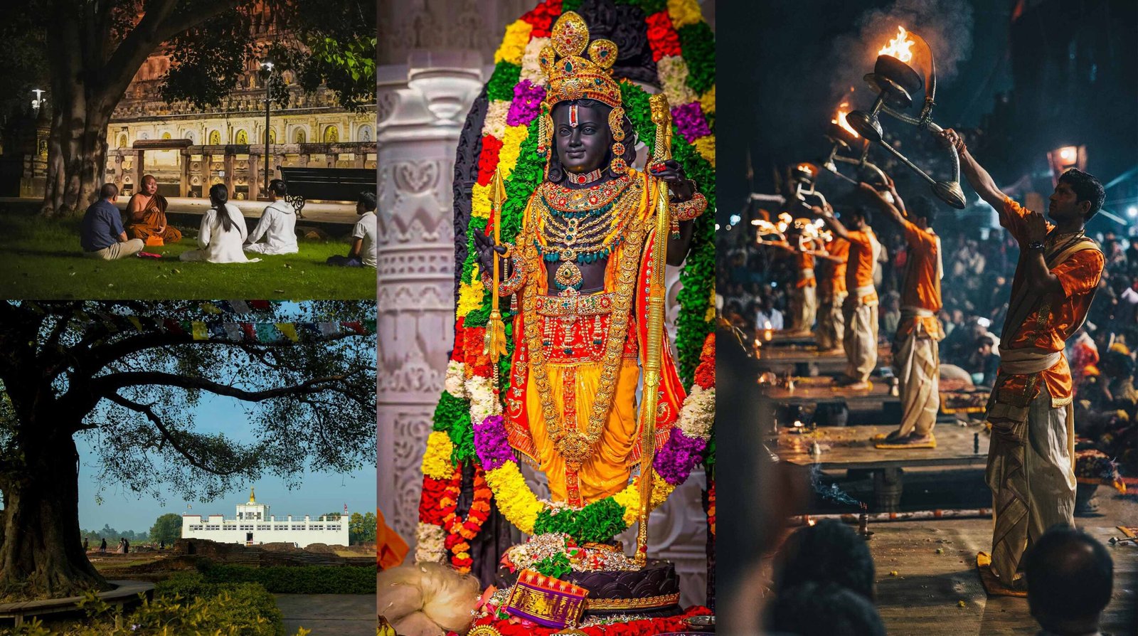 India Nepal Pilgrimage Tour 2026 collage featuring Buddhist monks at Bodh Gaya, Lumbini Maya Devi Temple, Ram Mandir Ayodhya, and Ganga Aarti ceremony in Varanasi