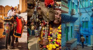 Rajasthan tourism collage featuring painted elephant at Amber Fort, decorated camel with Pushkar local, and blue city of Jodhpur