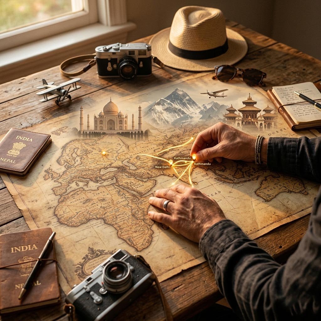 Travel planner customizing India Nepal tour itinerary on vintage map with Taj Mahal and Himalayas