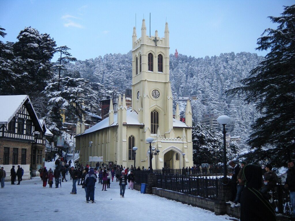 Christ Church on the Ridge at Shimla under snow, Himachal Pradesh