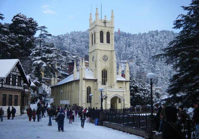 Christ Church on the Ridge at Shimla under snow, Himachal Pradesh