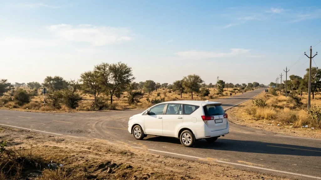 White MPV with private driver on a Rajasthan highway through desert scrub