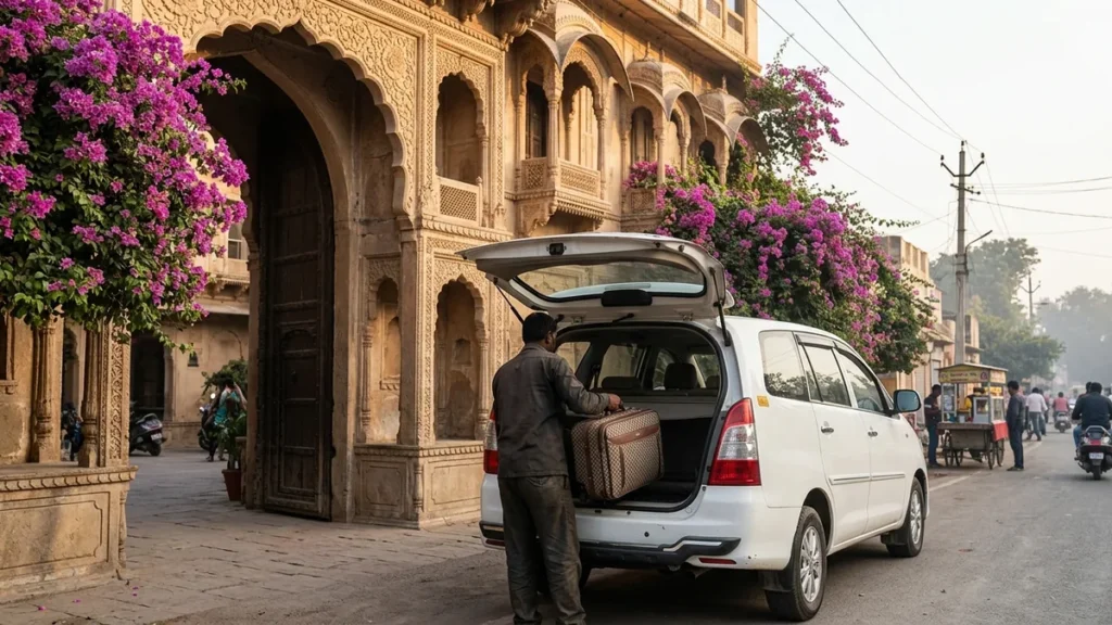 Luxury Rajasthan Palace Tour — 10 Days: Jaipur, Ranthambore, Udaipur and Jodhpur: Driver loading a suitcase into a white car outside a heritage haveli hotel in Jaipur