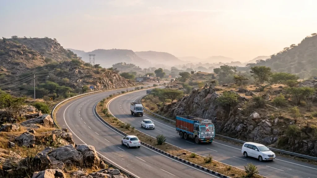 Delhi to Jaipur highway NH48 curving through the rocky Aravalli hills