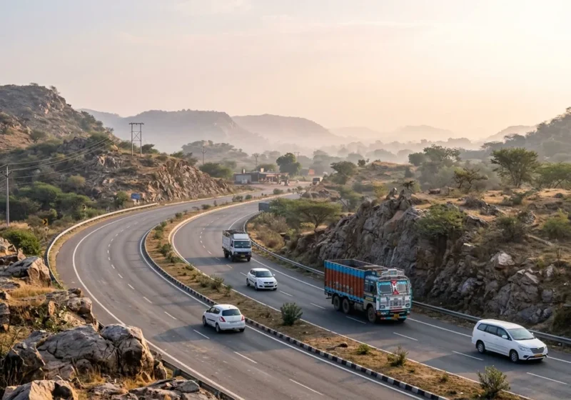Delhi to Jaipur highway NH48 curving through the rocky Aravalli hills
