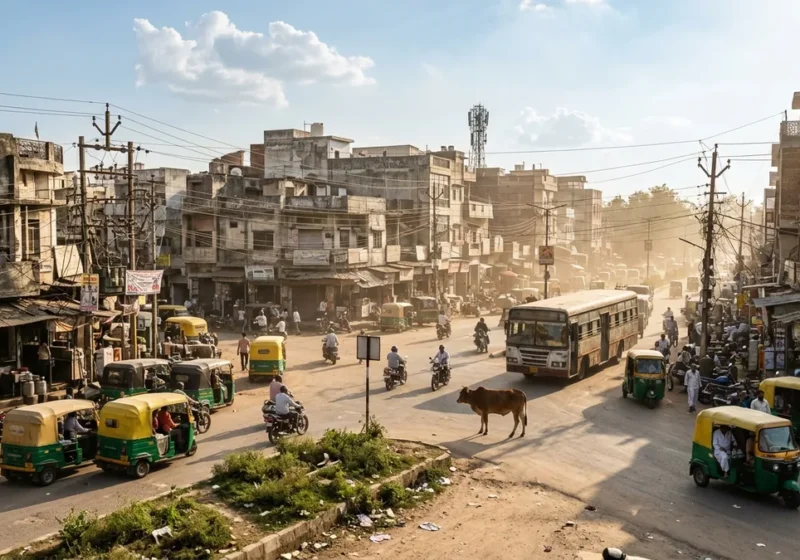 Busy Indian street with auto rickshaws, motorbikes, a bus and a cow sharing the road