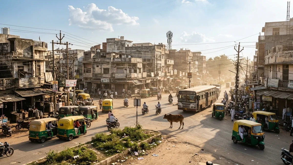 Busy Indian street with auto rickshaws, motorbikes, a bus and a cow sharing the road