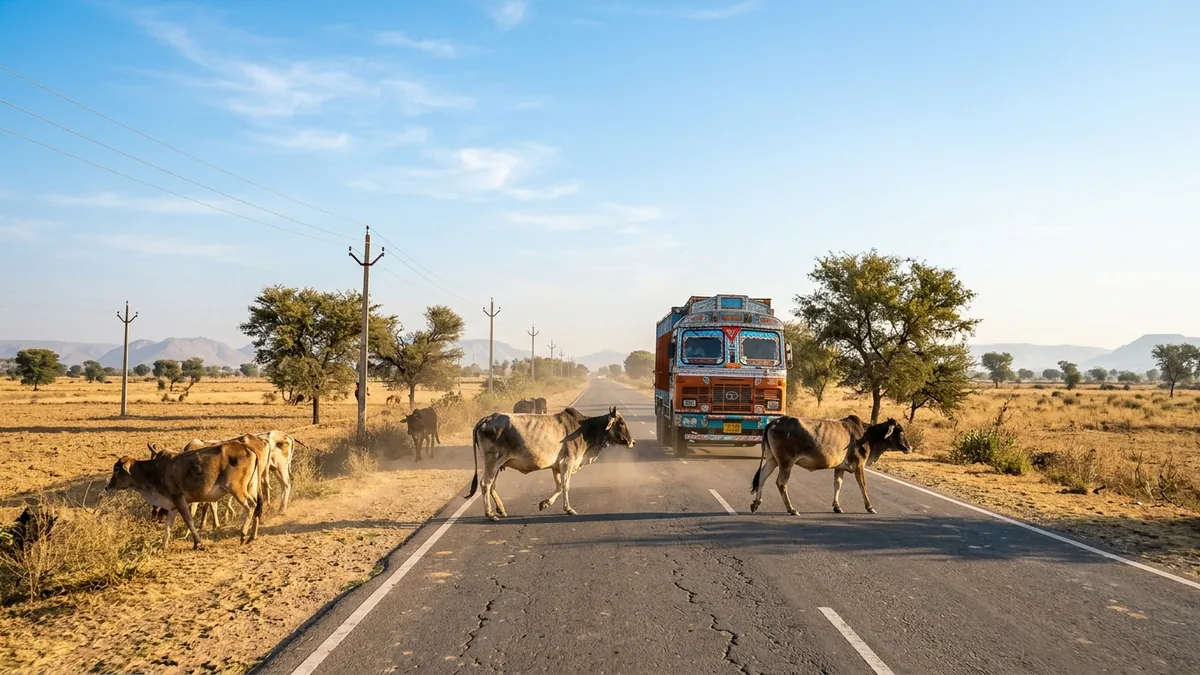 Cows crossing a rural highway in Rajasthan as a truck slows down behind them