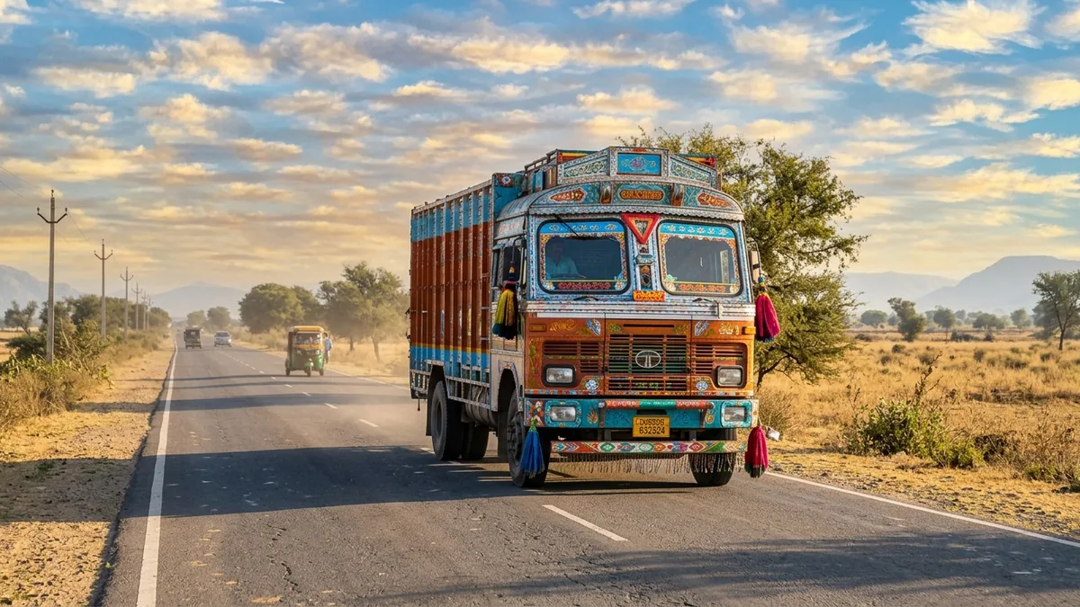 Brightly painted goods truck on a two-lane Indian highway