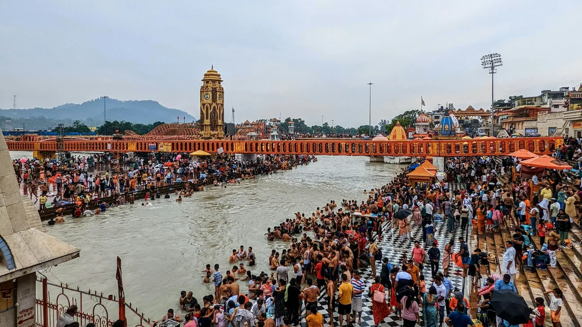 Pilgrims and the Ganga at Har Ki Pauri ghat in Haridwar with temple towers