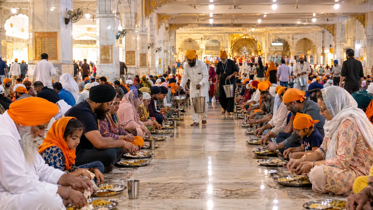 Pilgrims and visitors eating together in the Golden Temple langar in Amritsar