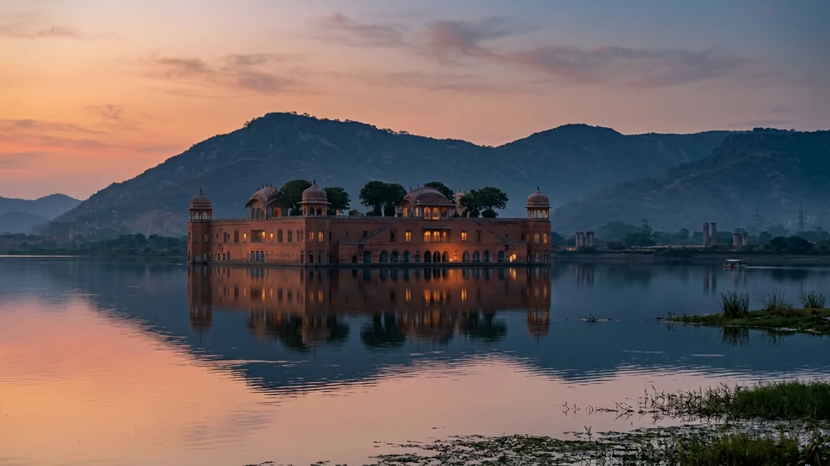Jal Mahal water palace floating in Man Sagar lake in Jaipur at dusk, with the Aravalli hills behind