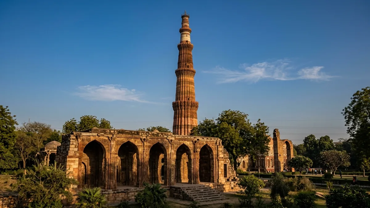 Qutub Minar, Delhi – Golden Triangle Tour 4 Days Qutub Minar and the ruined arches of the Quwwat-ul-Islam mosque in Delhi, the first stop on a golden triangle tour 4 days itinerary