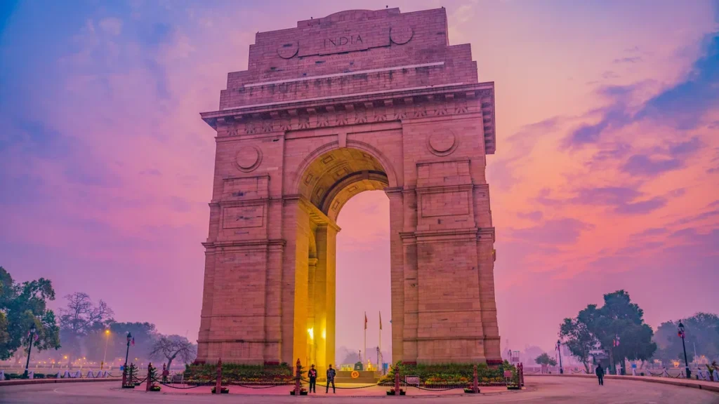 India Gate war memorial on Kartavya Path in New Delhi at golden hour