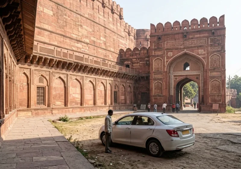 Private driver waiting beside a white car outside the red sandstone walls of Agra Fort