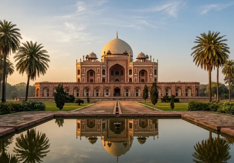Humayun's Tomb in Delhi reflected in a garden water channel at sunrise