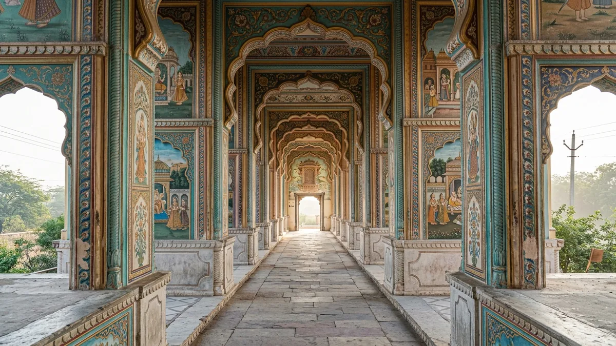 The painted arches and colourful corridor of Patrika Gate at Jawahar Circle in Jaipur