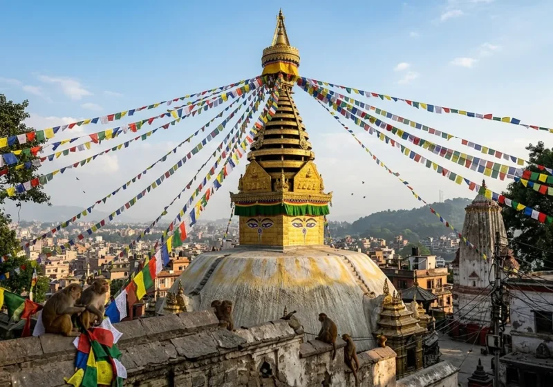Swayambhunath stupa with prayer flags above Kathmandu valley in Nepal