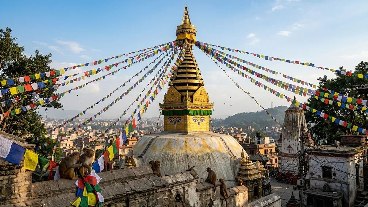 Swayambhunath stupa with prayer flags above Kathmandu valley in Nepal