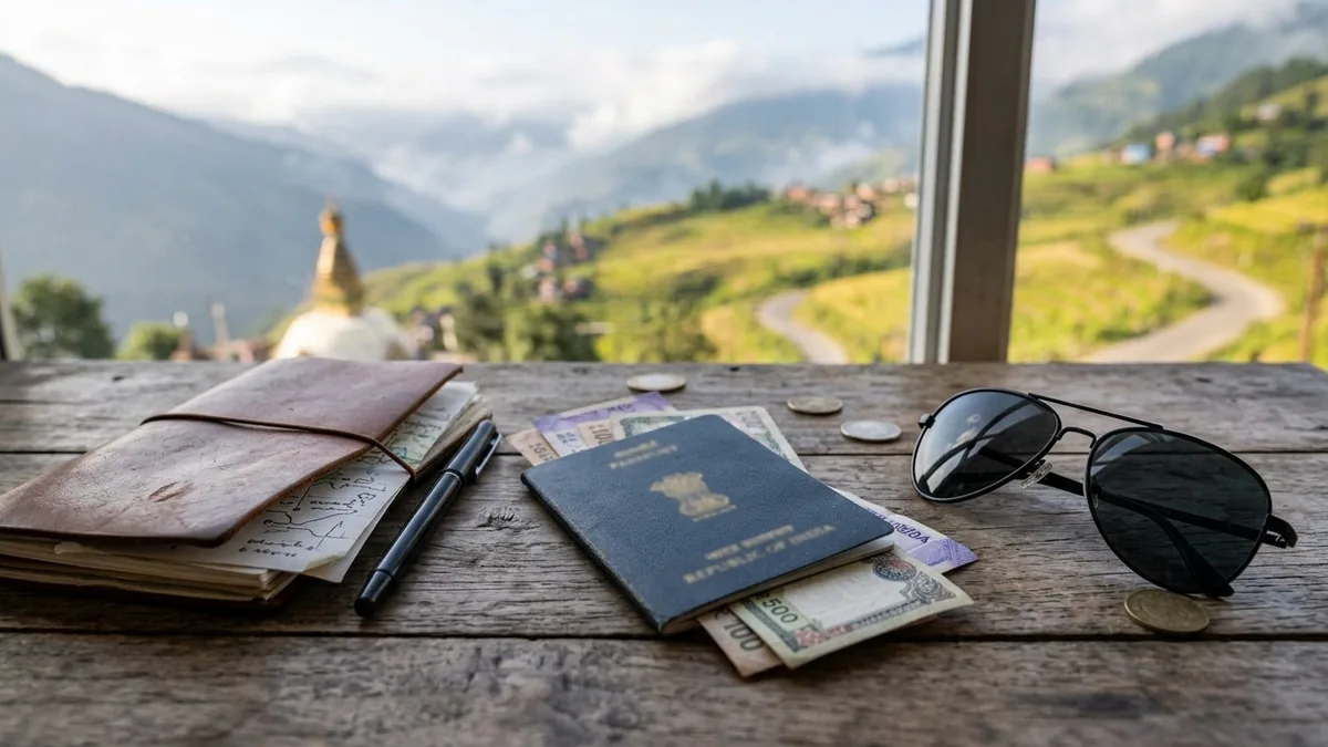 Planning an India Nepal Tour Package – Passport and Rupees Travel journal, passport, rupee notes and sunglasses laid out for planning an India Nepal tour package