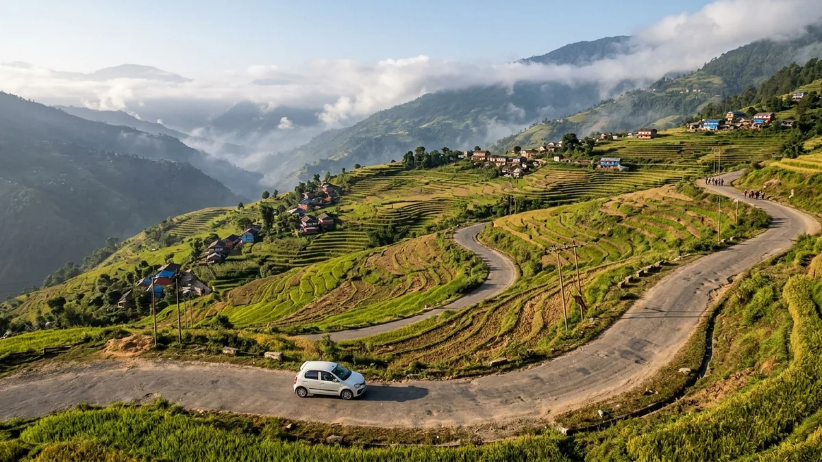 India Nepal tour itinerary: a car on a winding road through terraced fields and villages in Nepal's middle hills