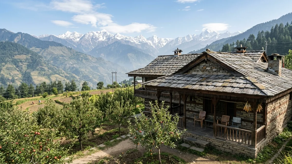 Mountain Village Homestay – Nepal Travel Trends 2027 Wooden village homestay with a slate roof and snow peaks behind, part of India and Nepal travel trends