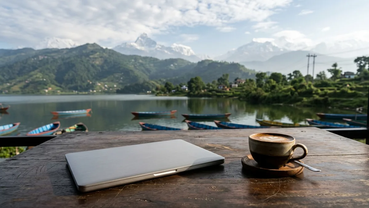 Pokhara Lakeside Café – India and Nepal Travel Trends 2027 Travel trends 2027: coffee and a laptop on a café table at Phewa Lake, Pokhara, with Machhapuchhre behind