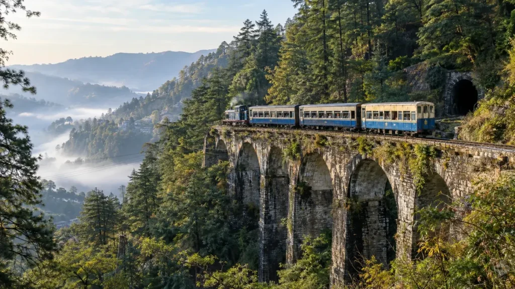 Kalka–Shimla toy train crossing a multi-arched stone bridge through pine forest near Shimla
