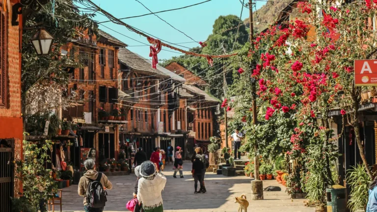 Car with driver in Nepal: the old bazaar at Bandipur on the Kathmandu to Pokhara road