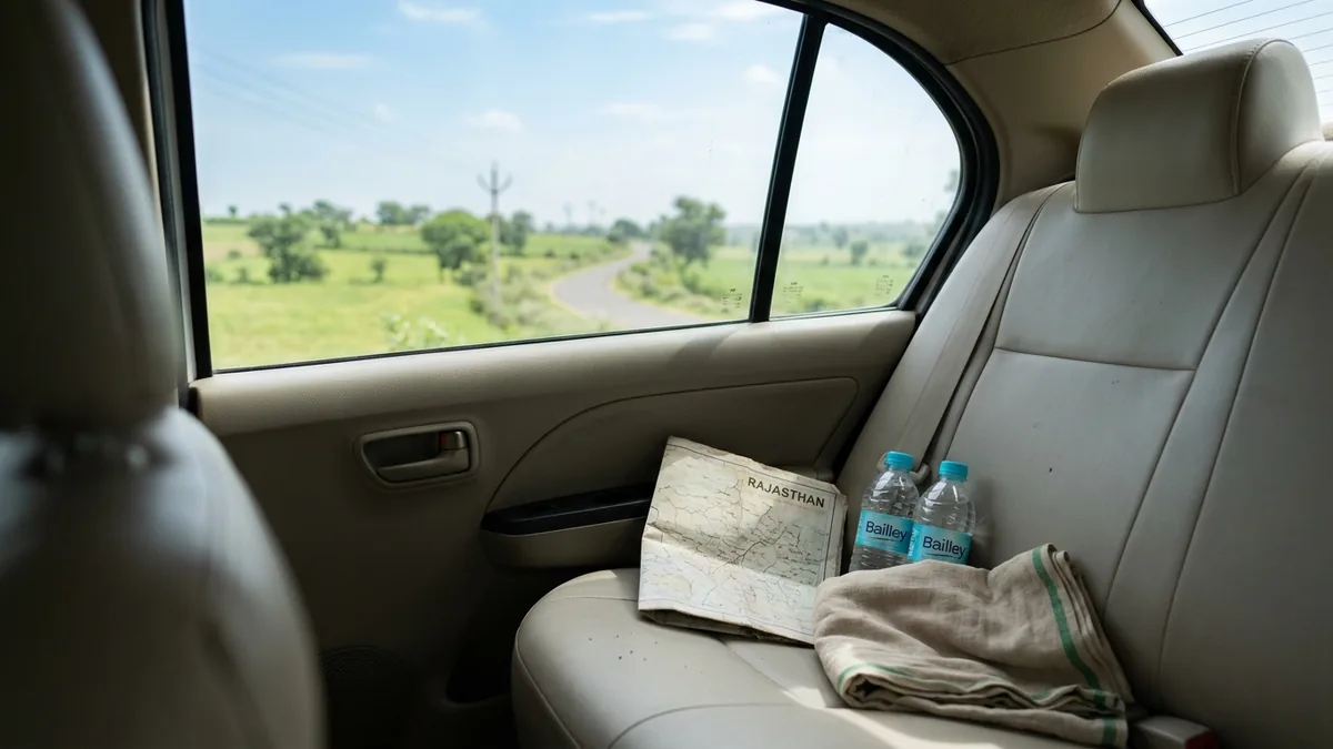 Clean Rear Seat With Water and a Map – Private Car and Driver in India A clean rear seat of a private car with bottled water and a road map ready for passengers