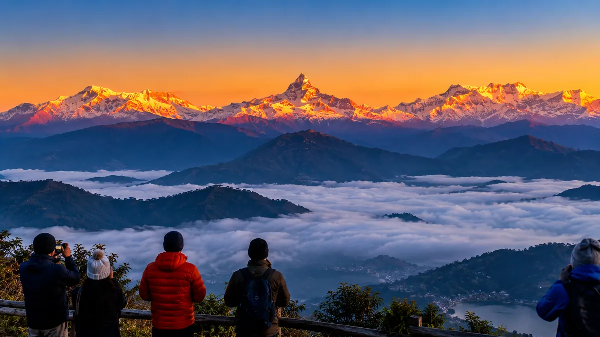 Sarangkot sunrise over the Annapurna range above Pokhara