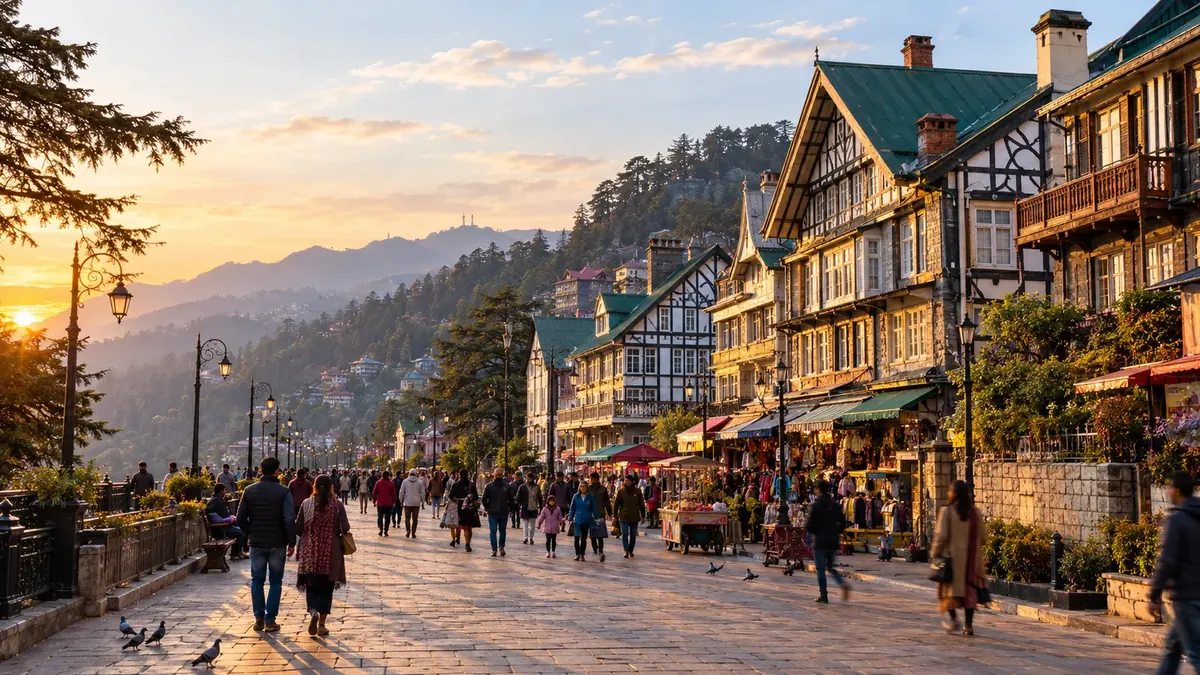 Shimla travel guide: visitors walking on car-free Mall Road at sunset past colonial Tudor-style buildings