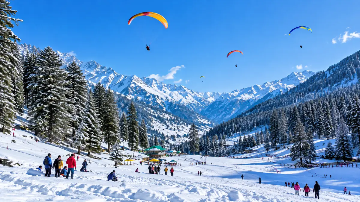 Solang Valley in Snow – Paragliding near Manali Paragliders over the snow at Solang Valley near Manali
