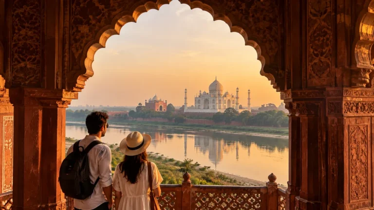 Golden Triangle tour stop in Agra: the Taj Mahal seen from Agra Fort