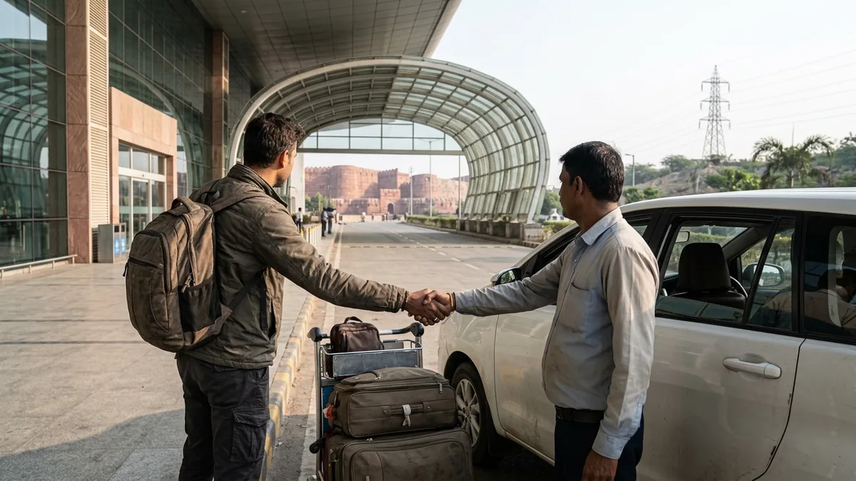 Saying Goodbye to Your Driver at the Airport Traveller shaking hands with a private driver at an airport drop-off at the end of a tour in India