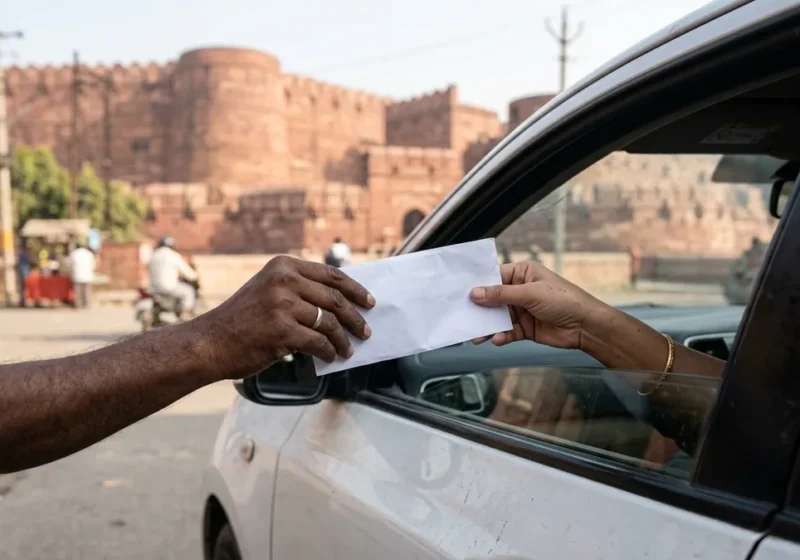 Hand passing a white envelope to a driver through a car window in India