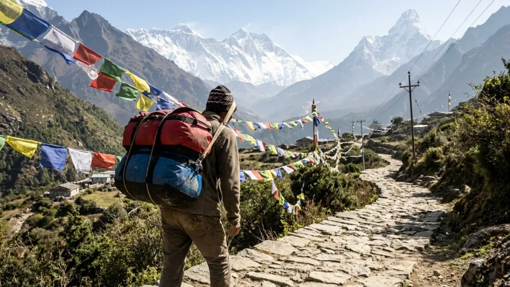Nepali porter carrying duffel bags on a stone trail with prayer flags and Ama Dablam ahead